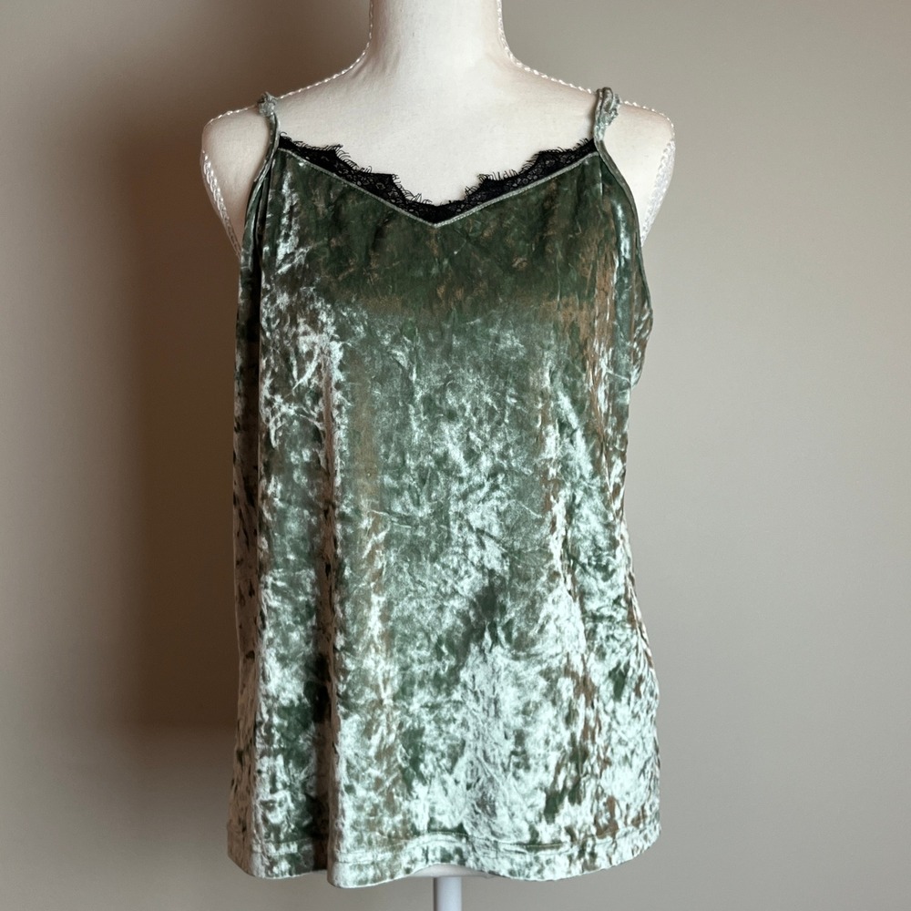 Glamz XL Sage Green Crushed Velvet Cami Top Black Lace Y2K 90s Grunge